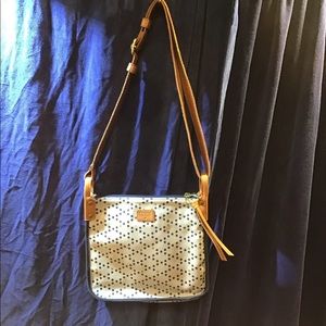 Fossil canvas crossbody, EUC, cream w/ blue & tan